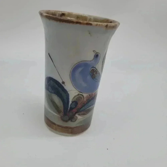 Ken Edwards Tonala Pottery Blue Bird Butterfly Calla Vase Signed - Picture 4 of 8